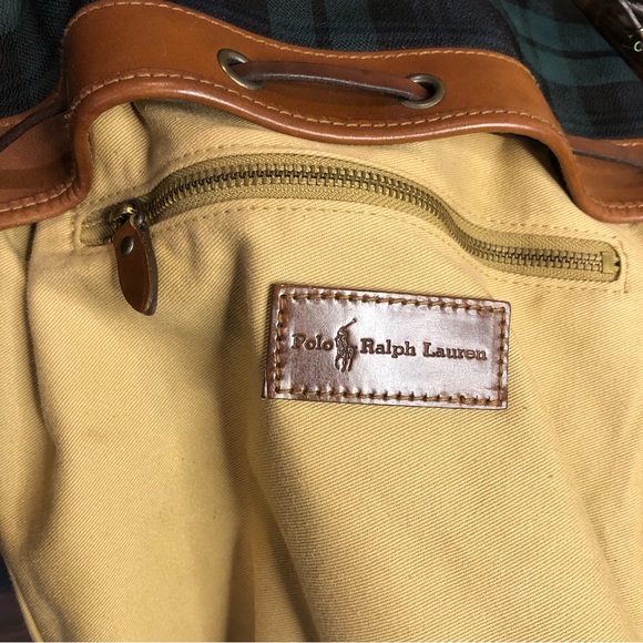 RALPH LAUREN Black Watch Plaid LRG Leather Canvas Drawstring Bucket Shoulder Bag - Picture 11 of 17